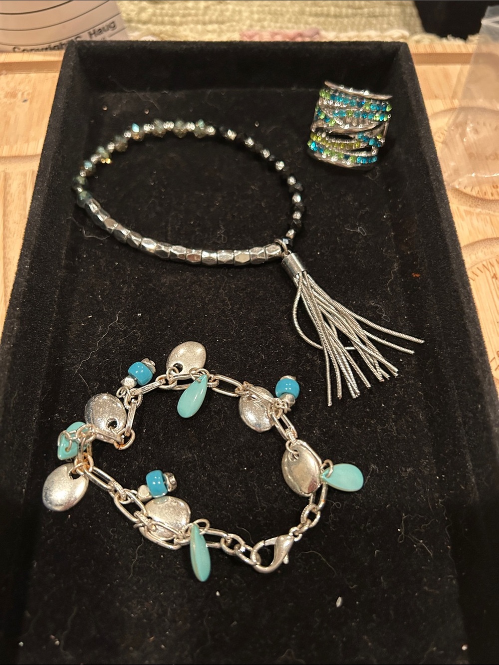 Silver and Turquoise Charm Bracelet and one Tassel Bead Bracelet, one ring